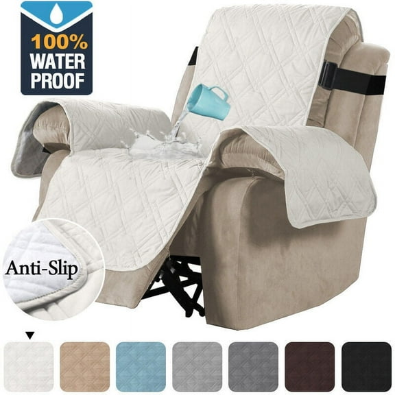 TOPCHANCES Recliner Chair Cover, Waterproof Quilted Recline Sofa Slipcover with Stretch Elastic Belt (Oversized, Ivory White)