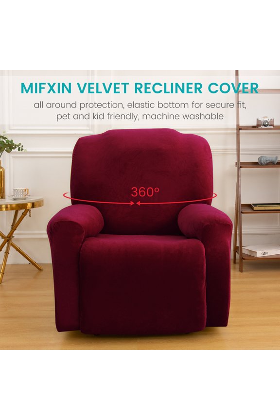 Recliner Cover, Reclining 1-Seater Sofa Couch Slipcover, 4-piece Velvet Plush Fabric Motion Recliner Chair Cover, Furniture Protector, Burgundy