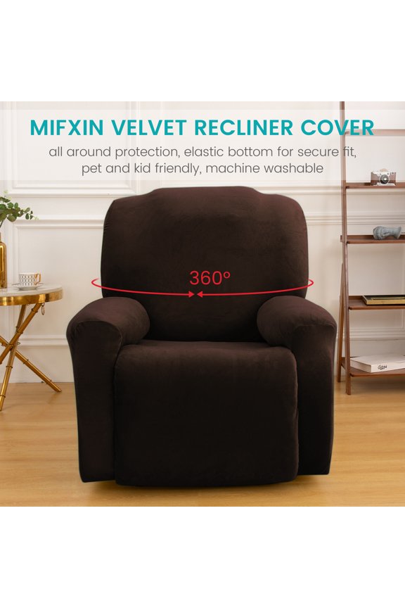 Recliner Cover, Reclining 1-Seater Sofa Couch Slipcover, 4-piece Velvet Plush Fabric Motion Recliner Chair Cover, Furniture Protector, Coffee