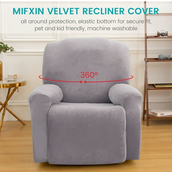 TOPCHANCES Recliner Cover, Reclining 1-Seater Sofa Couch Slipcover, 4-piece Velvet Plush Fabric Motion Recliner Chair Cover, Furniture Protector, Silver Gray