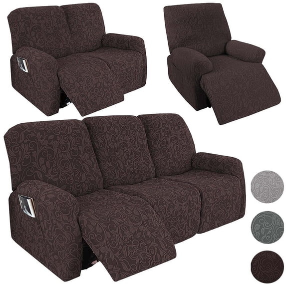 TOPCHANCES Recliner Sofa Slipcover, 8 Pieces Stretch Jacquard Fabric Sofa Covers, Non-slip Couch Protector, Friendly to Pets (Chocolate, For 3-Seater Sofa)
