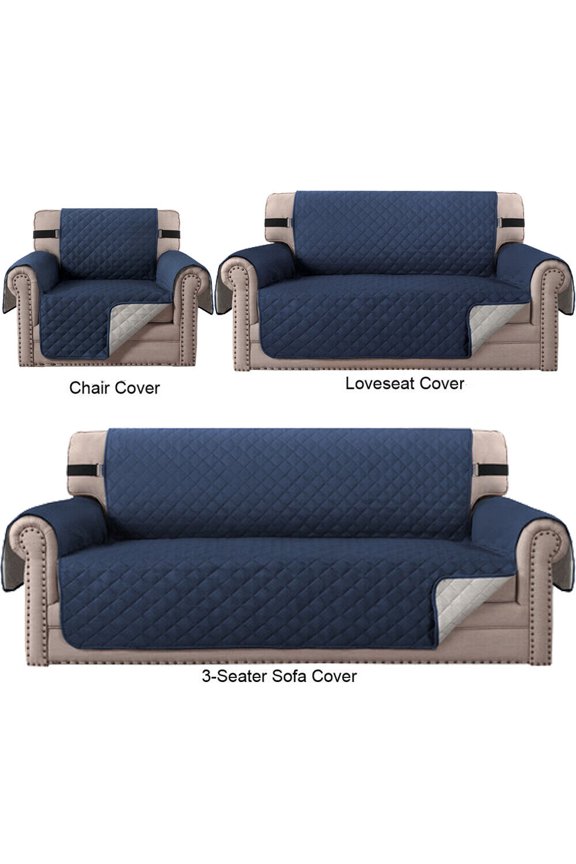Reversible Quilted Sofa Cover, Waterproof Furniture Pet Protector Throw (Navy Blue, 1-Seater Sofa Cover)