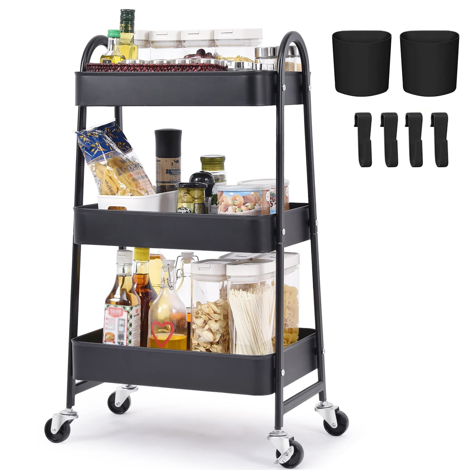 TOPCHANCES Rolling Cart with 4 Wheels, 3-Tier Utility Cart Storage Cart Trolley Organizer Serving Cart, Black