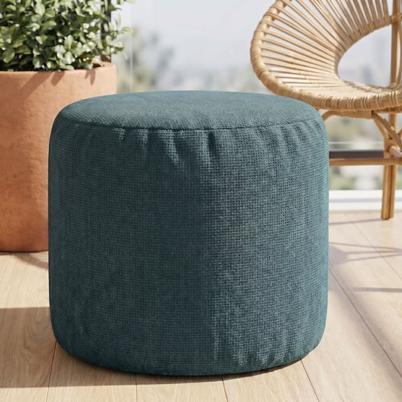 TOPCHANCES Round Pouf Ottoman, Shredded Foam Foot Rest Stool with Removable Cover & Non-Slip Bottom for Living Room Bedroom (Sea ​​Blue)