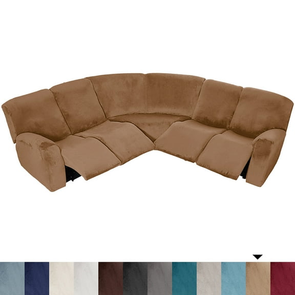 TOPCHANCES Sectional Recliner Sofa Covers, 7-Piece Velvet Stretch 5-Seat Corner Reclining Sofa Slipcovers, L-Shaped Sectional Couch Furniture Protector (Leather-brown)