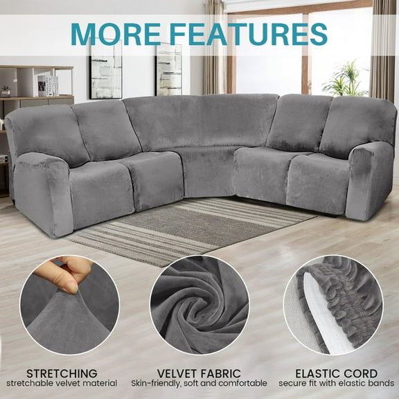 TOPCHANCES Sectional Recliner Sofa Covers, 7-Piece Velvet Stretch 5-Seat Corner Reclining Sofa Slipcovers, L-Shaped Sectional Couch Furniture Protector (Grey)