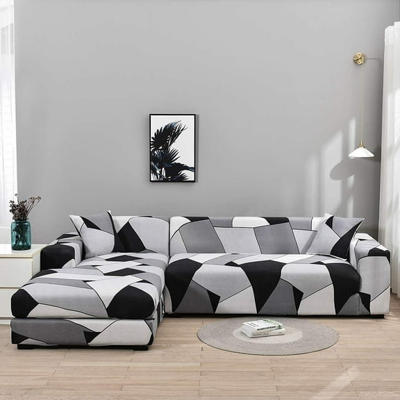 TOPCHANCES Sectional Sofa Covers for L Shape, 2 Pieces 3-Seater (70"-90") Polyester Fabric Stretch Slipcovers with 2 Pieces Pillow Covers, Grey-White