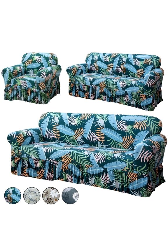 Sofa Cover with Skirt, Non-slip Couch Cover Stretch Slipcover Furniture Protector for Dogs Cats Pets (Chair Cover, Leaves Print)