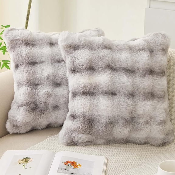 TOPCHANCES Soft Fluffy Throw Pillow Covers, Pack of 2 Decorative Couch Pillow Protector with Hidden Zipper, 18''x18'', White Gray