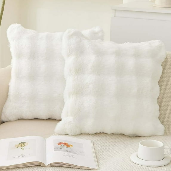 TOPCHANCES Soft Fluffy Throw Pillow Covers, Pack of 2 Decorative Couch Pillow Protector with Hidden Zipper, 18''x18'', White