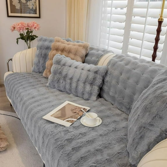 TOPCHANCES Soft Thick Plush Sofa Covers, Non-Slip Sofa Covers 1 2 3 Seater Couch Covers, Fluffy Faux Fur Corner Sofa Cushion Cover L Shape Furniture Protector for Living Room (Light Grey, 90x210cm)