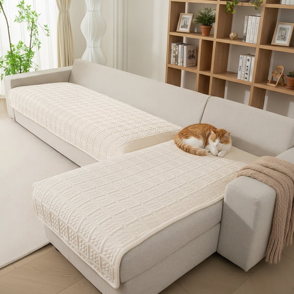 TOPCHANCES Soft Velvet Couch Covers, Non Slip Corner Sofa Cover Protector Mat, Pet Sofa Mat, 2-Piece Couch Covers Set for L Shape Sectional, Beige White, Size S
