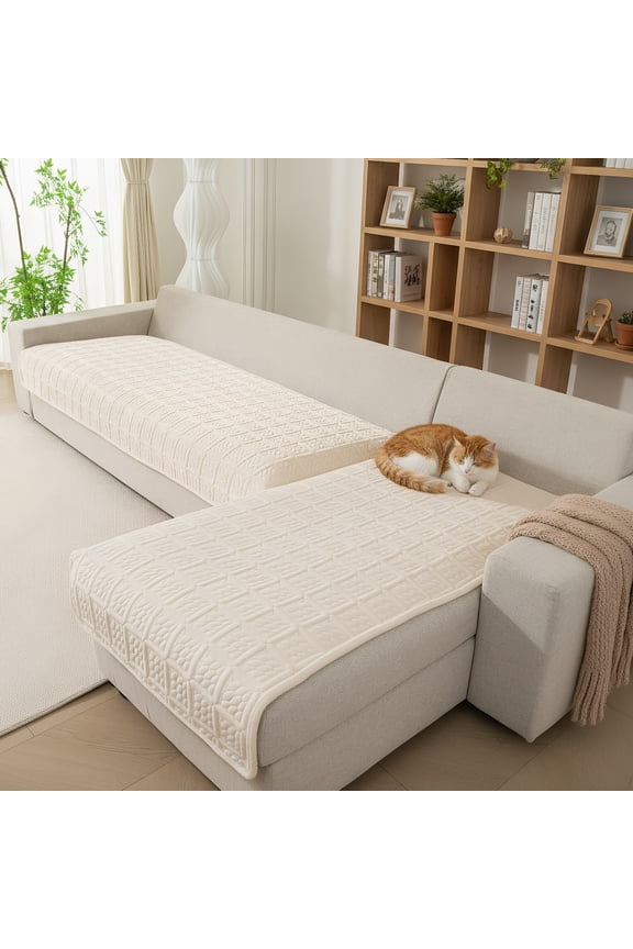 Soft Velvet Couch Covers, Non Slip Corner Sofa Cover Protector Mat, Pet Sofa Mat, 2-Piece Couch Covers Set for L Shape Sectional, Beige White, Size L