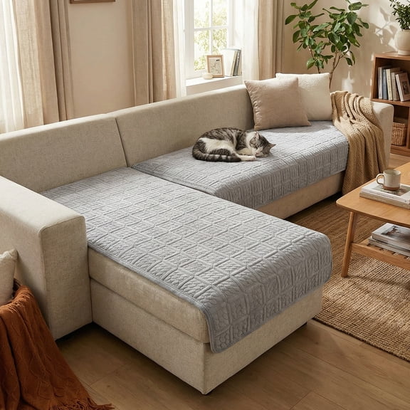 TOPCHANCES Soft Velvet Couch Covers, Non Slip Corner Sofa Cover Protector Mat, Pet Sofa Mat, 2-Piece Couch Covers Set for L Shape Sectional, Light Grey, Size L