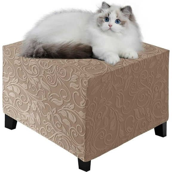 TOPCHANCES Stretch Ottoman Cover, Jacquard Square Footstool Slipcover Anti-Slip Furniture Protector (Khaki, Length 17-22 inches)