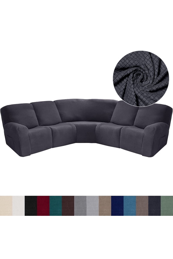 Stretch Recliner Sofa Slipcover for 5 Seat Recliner, 7-Piece Jacquard Sectional Couch Covers Furniture Protector ( Dark Grey )