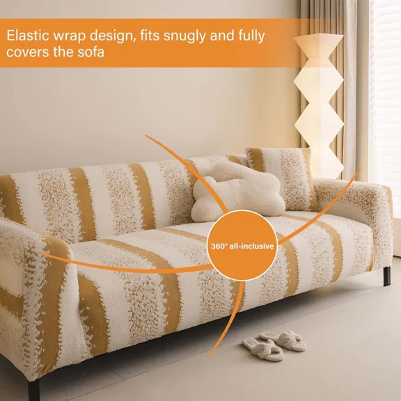 TOPCHANCES Stretch Stripe Sofa Covers, Soft Cotton Blend Velvet Fabric Armchair Loveseat 3-Seat Sofa Slipcover, Non-slip Couch Protector Settee Cover, Friendly to Pets (Chair Cover, Stripe Khaki)