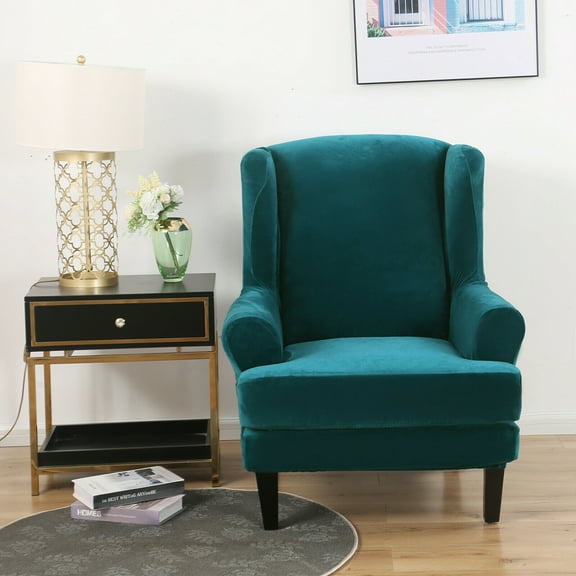 TOPCHANCES Stretch Thick Velvet Plush 2-Piece Soild Color Wingback Chair Slipcover, Dark Green