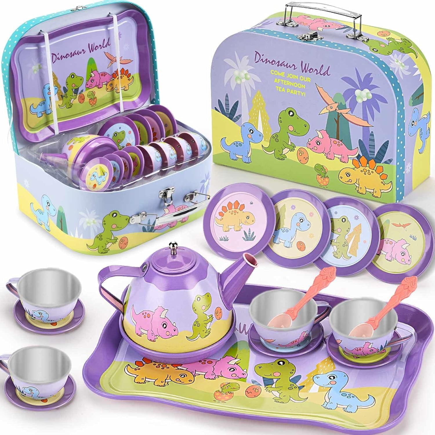 TOPCHANCES Tea Party Set for Little Girls - Princess Tea Time Dinosaur ...