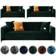 TOPCHANCES Thick Velvet Sofa Covers, Pure Color Sofa Protector for 3-Seater Sofa, Stretch Non Slip Couch Slipcover, Dark Green