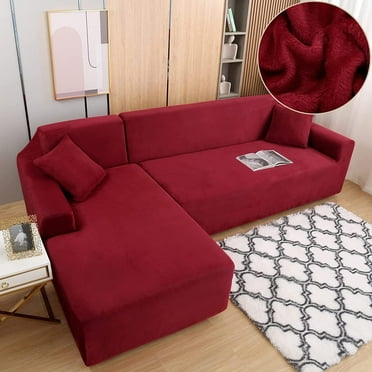 TOPCHANCES Thick Velvet Sofa Slipcovers, 2 Pieces Stretch L-Shaped Sectional Sofa Covers, 3 Seats+3 Seats Corner Couch Cover ( Wine Red )