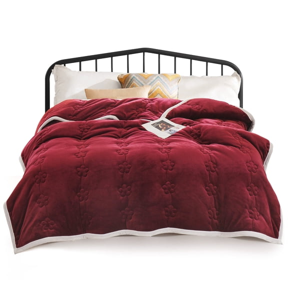 TOPCHANCES Thicken Three Layers Folder Cotton Quilt, Flannel Quilted Plum Blossom Coverlet Throw Blanket (Burgundy, 59*79 inch)