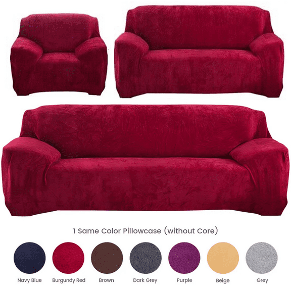 TOPCHANCES Thicken Velvet Sofa Covers, Stretch Plush Couch Covers, 4 Seater Sofa Slipcover, Elastic Furniture Protector with 1pc Free Pillowcase (Burgundy, 4 Seat Sofa Cover)