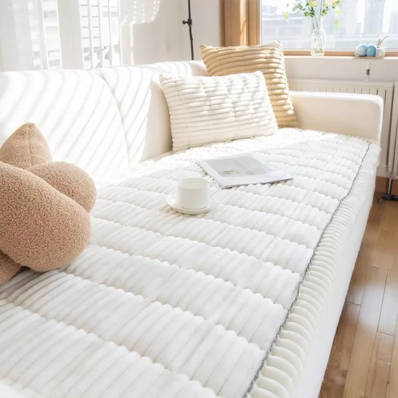 TOPCHANCES Thickened Corduroy Couch Covers, Non-Slip Couch Slipcover for Dogs, Plush Sofa Protective Cover, Pets Bed Mat Couch Cover (Milky White, 35.4x70 in)