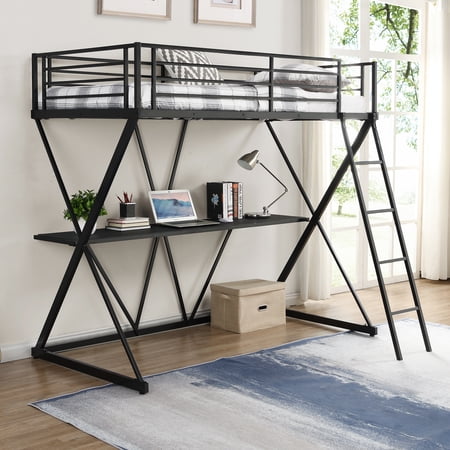 TOPCHANCES Twin Loft Bed with Desk Loft Bed with Ladder and Full-Length Guardrails X-Shaped Frame Bed - Black