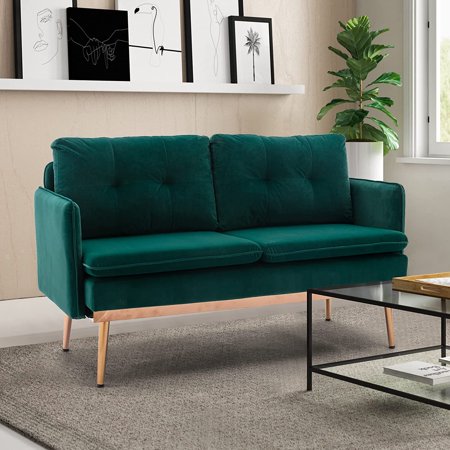 TOPCHANCES Velvet Couch, Modern Loveseat Sofa, Mid Century Sofa Tufted Velvet Sofa Couch, Sofas Couches for Living Room, Apartment, Bedroom, Solid Wood Frame Legs, Easy Assembly , Green