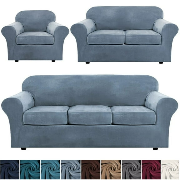 Velvet Plush Sofa Covers, Armchair Loveseat Couch Slipcover with Separate Cushion Cover (Gray Blue, For 3-Seater Sofa)