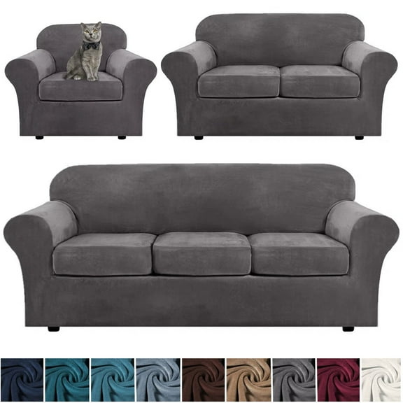 TOPCHANCES Velvet Plush Sofa Covers, Armchair Loveseat Couch Slipcover with Separate Cushion Cover (Gray, For 3-Seater Sofa)