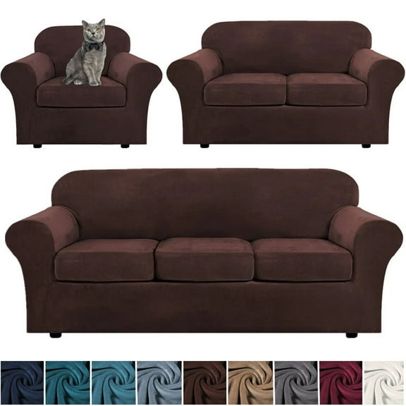 Velvet Plush Sofa Covers, Armhair Loveseat Couch Slipcover with Separate Cushion Cover (Brown, For 3-Seater Sofa)