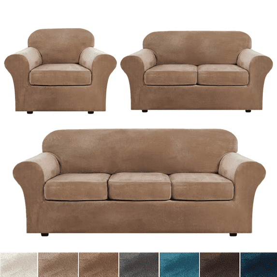 Velvet Plush Sofa Covers, Armhair Loveseat Couch Slipcover with Separate Cushion Cover (Camel, For 3-Seater Sofa)