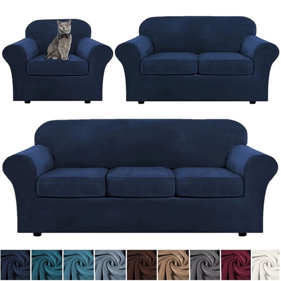 TOPCHANCES Velvet Plush Sofa Covers, Armhair Loveseat Couch Slipcover with Separate Cushion Cover (Dark Blue, For 3-Seater Sofa)