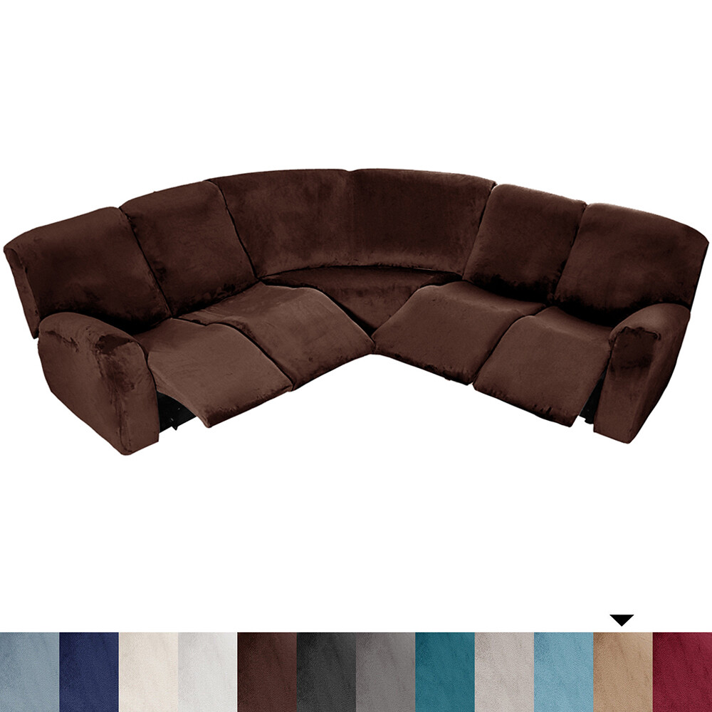 TOPCHANCES Velvet Recliner Sofa Covers, 5 Seat Corner Sofa Covers Stretch Furniture Protector Including 2 Arm Pieces, 4 Seat and Backrest Pieces and 1 Corner Piece, Brown