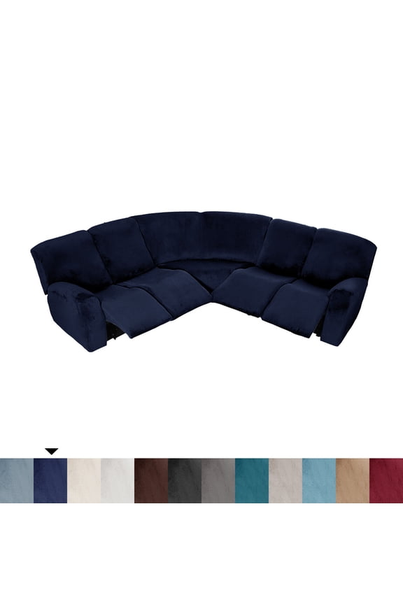 Velvet Recliner Sofa Covers, 5 Seat Corner Sofa Covers Stretch Furniture Protector Including 2 Arm Pieces, 4 Seat and Backrest Pieces and 1 Corner Piece, Navy Blue