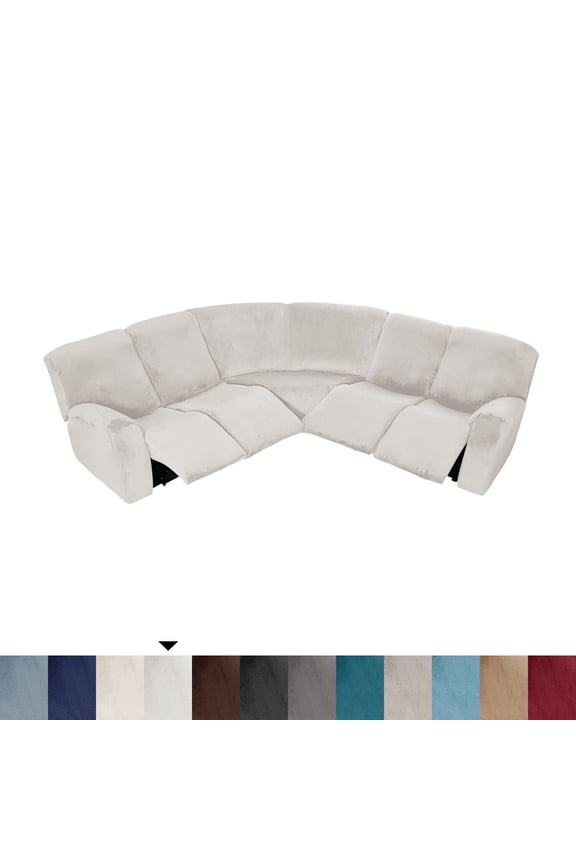 Velvet Recliner Sofa Covers, 5 Seat Corner Sofa Covers Stretch Furniture Protector Including 2 Arm Pieces, 4 Seat and Backrest Pieces and 1 Corner Piece, Ivory