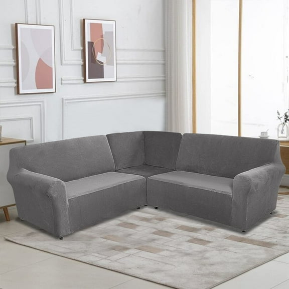 TOPCHANCES Velvet Sectional Corner Sofa Covers, 5 Seat L-Shaped Sectional Couch Slipcovers, 3 Piece Stretch Soft Furniture Sofa Protector for 5-Seater Corner Sofas ( Grey )