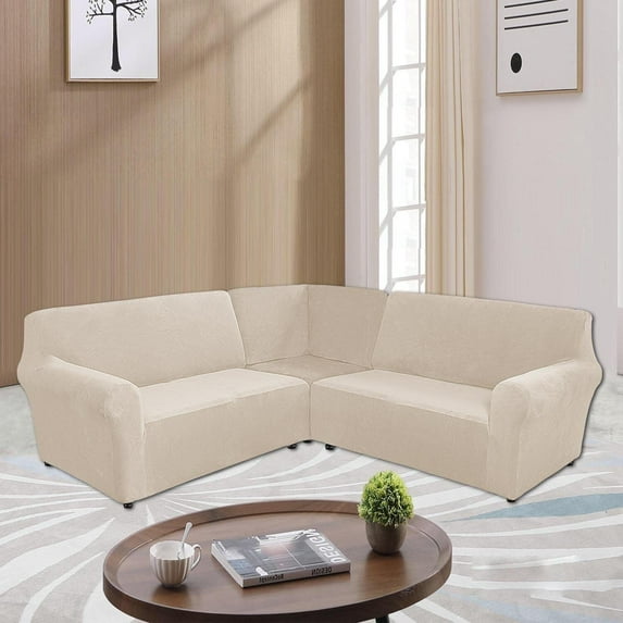 TOPCHANCES Velvet Sectional Corner Sofa Covers, 5 Seat L-Shaped Sectional Couch Slipcovers, 3 Piece Stretch Soft Furniture Sofa Protector for 5-Seater Corner Sofas ( Beige )