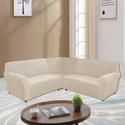 TOPCHANCES Velvet Sectional Corner Sofa Covers, 5 Seat L-Shaped Sectional Couch Slipcovers, 3 Piece Stretch Soft Furniture Sofa Protector for 5-Seater Corner Sofas  Beige