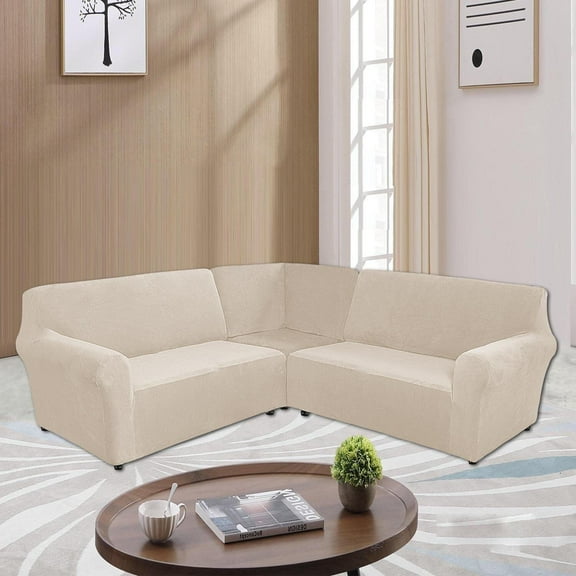 TOPCHANCES Velvet Sectional Corner Sofa Covers, 5 Seat L-Shaped Sectional Couch Slipcovers, 3 Piece Stretch Soft Furniture Sofa Protector for 5-Seater Corner Sofas ( Beige )