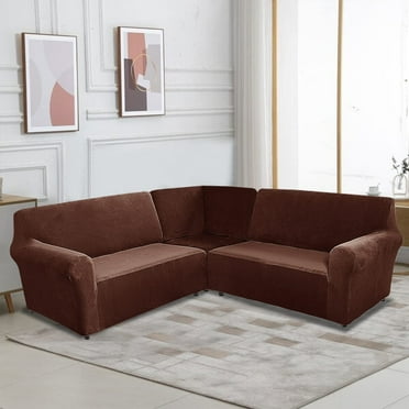 TOPCHANCES Velvet Sectional Corner Sofa Covers, 5 Seat L-Shaped Sectional Couch Slipcovers, 3 Piece Stretch Soft Furniture Sofa Protector for 5-Seater Corner Sofas ( Brown )
