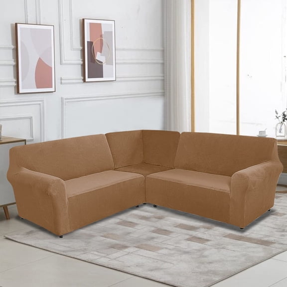 TOPCHANCES Velvet Sectional Corner Sofa Covers, 5 Seat L-Shaped Sectional Couch Slipcovers, 3 Piece Stretch Soft Furniture Sofa Protector for 5-Seater Corner Sofas ( Camel )