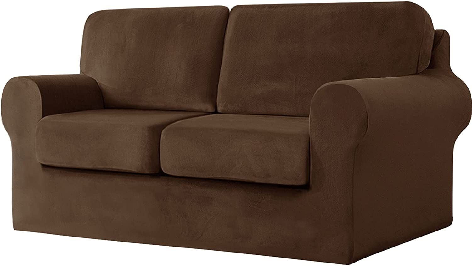 TOPCHANCES Velvet Sofa Covers, Stretch Armchair Couch Slipcovers , Soft Furniture Slipcover with Separate Cushion Covers and Backrest Covers (5-piece Set for 2 Cushion Sofa, Coffee)