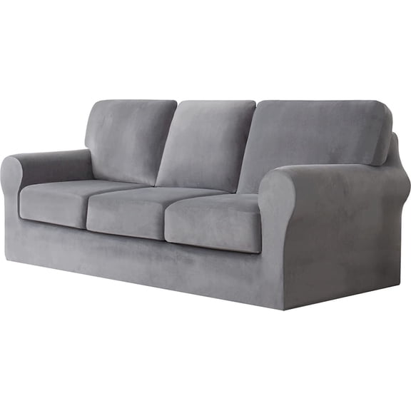TOPCHANCES Velvet Sofa Covers, Stretch Armchair Couch Slipcovers , Soft Furniture Slipcover with Separate Cushion Covers and Backrest Covers (7-piece Set for 3 Cushion Sofa, Light Grey)