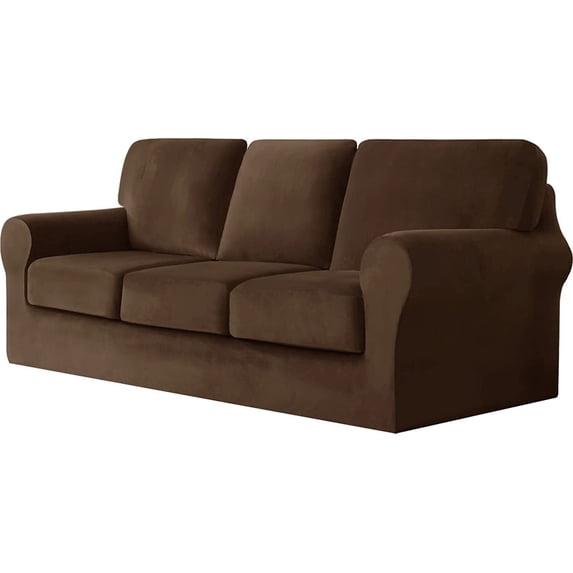 TOPCHANCES Velvet Sofa Covers, Stretch Armchair Couch Slipcovers , Soft Furniture Slipcover with Separate Cushion Covers and Backrest Covers (7-piece Set for 3 Cushion Sofa, Coffee)