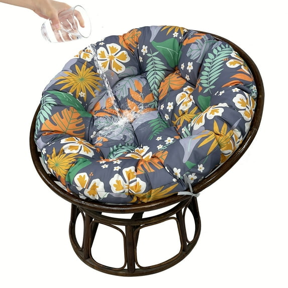 TOPCHANCES Waterproof Papasan Chair Cushion Only, 47 inch Tuffed Round Floor Seat Cushion, Swing Chair Seat Cushion with Ties, Gray & Leaf