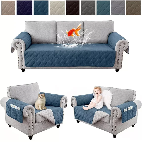 TOPCHANCES Waterproof Sofa Covers Set with 1 2 3 Seater Couch Cover, Anti Slip Furniture Protector Leakproof Sofa Slipcover for Dogs Children Pets (Berlin Blue)