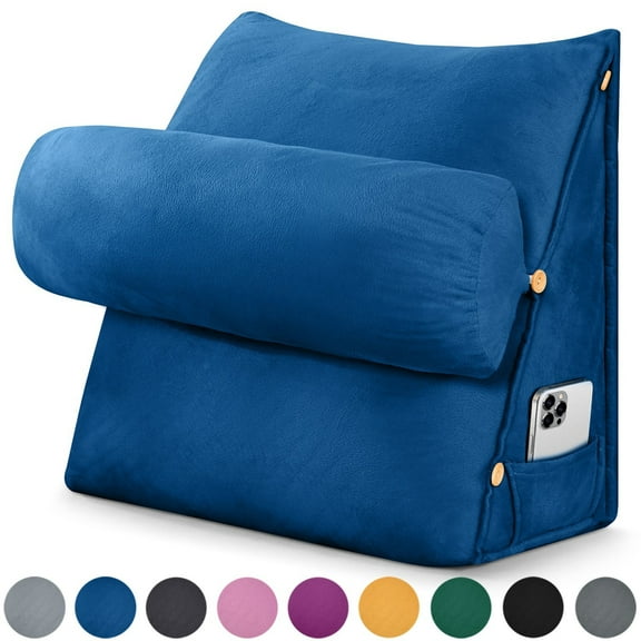 TOPCHANCES Wedge Reading Pillow, Orthopedic Wedge Bed Pillow Set, Backrest Support Cushion with Detachable Neck Roll (Blue)